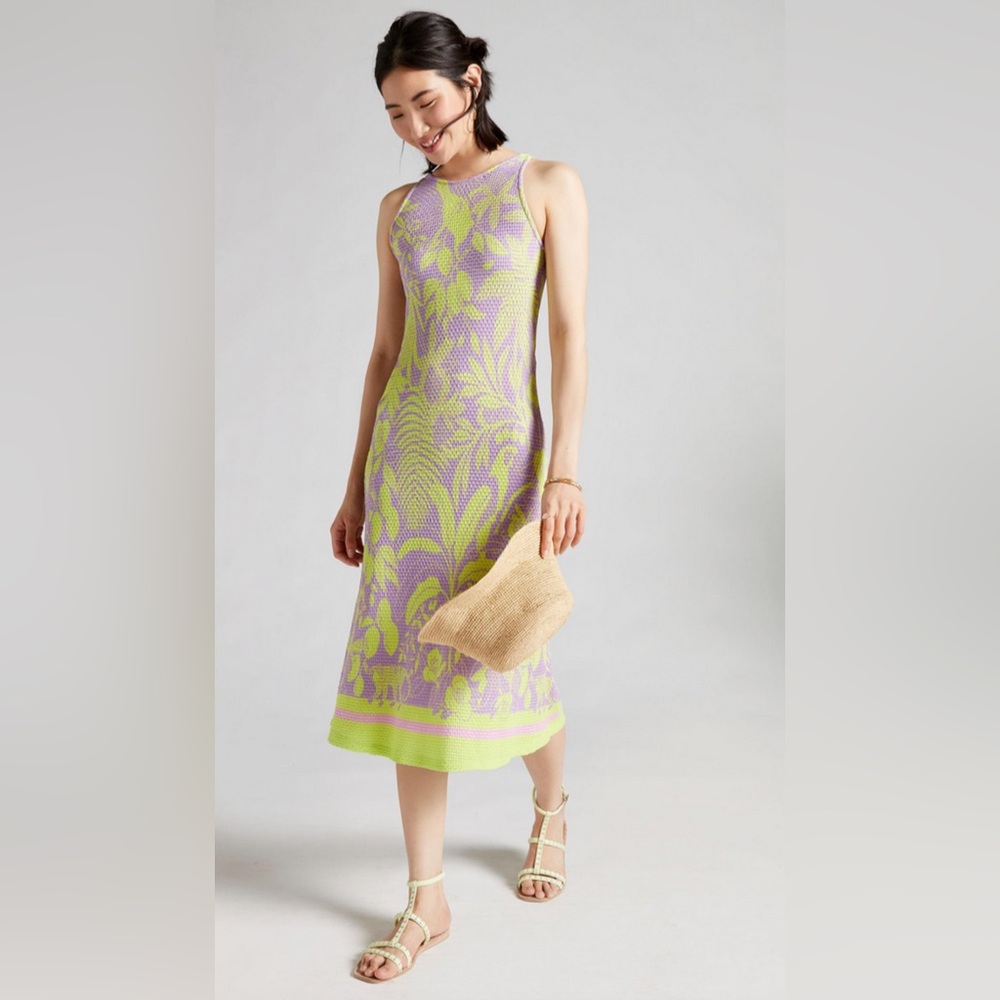 Anthropologie FARM Rio Knit Midi Purple Green Stretch Keyhole Dress Size - Med